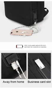 Expandable business travel backpack for men with USB charging port and card slot detail.