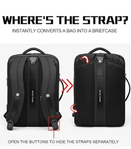 Expandable business backpack detail showing convertible strap design for briefcase use.