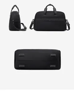Nylon travel duffel bag detail showcasing side angle, handles, and durable bottom feet.