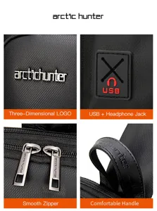 Arctic Hunter Herren Multifunktion Brusttasche Detailansicht mit USB-Anschluss und Reißverschluss.