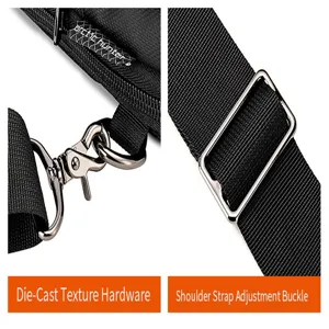 Detailansicht der Rucksack-Metallbeschläge, Druckguss-Texturhaken und Riemenverstellschnalle.