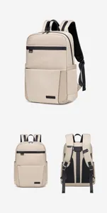 Vista dettagliata dello zaino per laptop da lavoro multifunzionale in beige con dettagli.