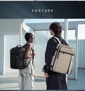 Detailed view of large capacity waterproof business travel backpack in modern outdoor setting.