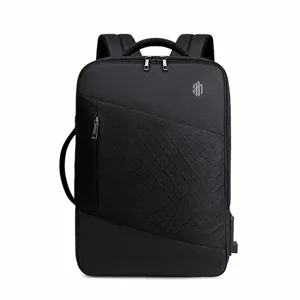 Expandable Business Travel Backpack for Men Sleek Black Computer Daypack with USB Port
