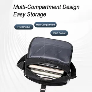 Men's black nylon messenger bag with multi-compartment design, water-resistant crossbody shoulder bag.