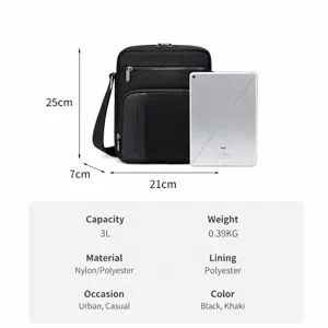 Men's waterproof nylon crossbody bag, 3L capacity, casual business shoulder bag for 9.7 inch tablet.