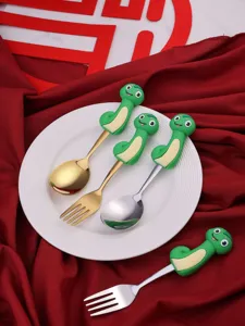 Süße Cartoon Schlange Griff Edelstahl Löffel und Gabel Geschirr Set Detailansicht.