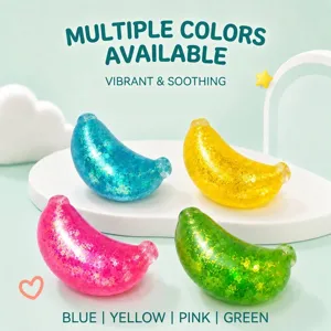 Jouets anti-stress bananes scintillantes en quatre couleurs transparentes vives.