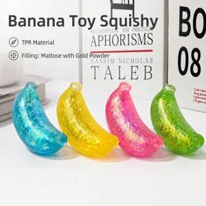 Joli Jouet Squishy en TPR en Forme de Banane Paillettes Translucides Jouet Anti-stress pour Bureau Quotidien Adultes Enfants Décoration