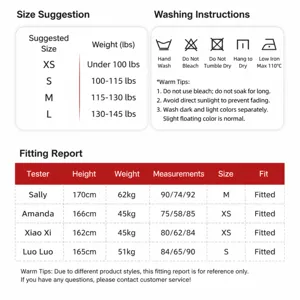 Größentabelle und Waschanleitung für elastische Yoga-Shorts mit Anprobetest