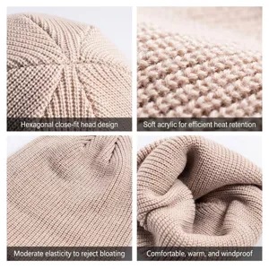 Beige dikke gebreide muts met geribbelde textuur en zeshoekig kroonontwerp voor winterwarmte