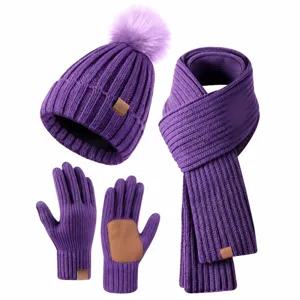 Purple winter knitted three-piece set including a pompom beanie, scarf, and gloves