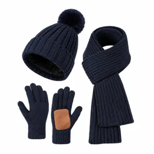 Navy blue winter knit set including fleece lined beanie hat long scarf and gloves