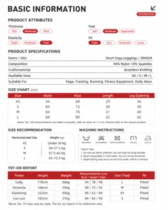 Detaillierte Größentabelle und Stoffspezifikation für dehnbare Damen Yoga Shorts