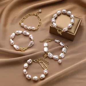 Pulsera de Perlas Artificiales Barrocas Pulsera de Cadena de Cuentas de Aleación de Lujo para Mujer Colgante de Estrella de Mar Concha Elegante