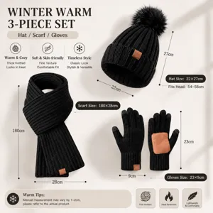 Warm winter 3-piece set including knitted hat, scarf, and gloves for cold weather protection.