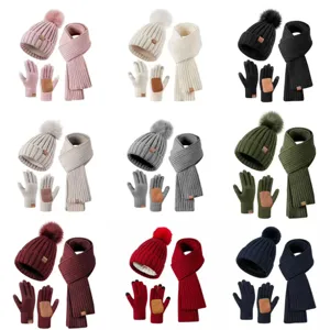9-color winter knit set: pom-pom beanie, ribbed scarf, and touchscreen gloves for warmth
