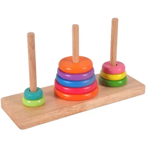 Wooden puzzle toy detail showing colorful stacking rings and vertical pillars on wooden base.
