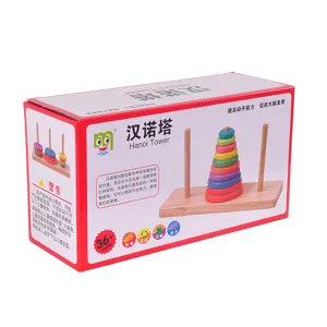 Wooden Hanoi Tower puzzle toy for kids intelligence development, colorful stacking rings.