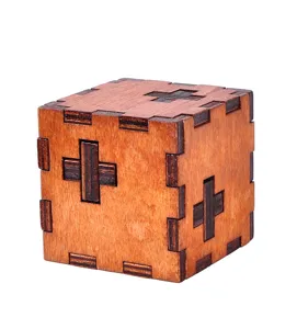 Wooden classical puzzle cube toy interlocking wood brain teaser block for kids and adults