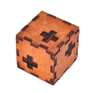 Wooden interlocking brain teaser puzzle cube, classic 3D puzzle toy for adults and kids.