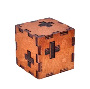 Detail view of wooden puzzle cube brain teaser interlocking kongming lock puzzle toy.