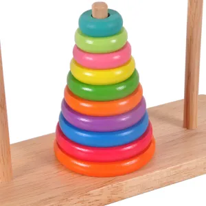 Wooden Tower of Hanoi puzzle toy with ten colorful stacking rings on a wooden base front view.
