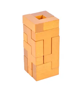 Wooden brain teaser puzzle block, intelligence toy detail view, educational logic game.