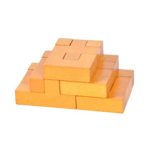 Wooden brain teaser puzzle game detail view, classic smart block toy for adults and kids.