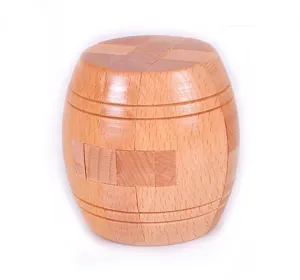 Detailed view of the wooden barrel puzzle, showing precision craftsmanship and natural beech wood texture.