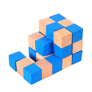 Wooden interlocking puzzle toy adult brain teaser beech wood blue puzzle block kit