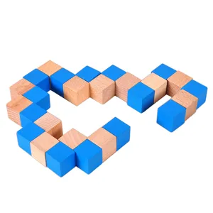 Wooden snake cube puzzle intellectual brain teaser toy beech wood blue block detail view