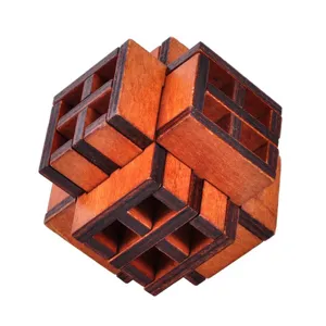 Wooden interlocking puzzle detail showing the precision craft of classical brain teaser block.