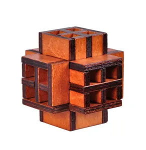 Wooden classical puzzle lock detail view, intricate interlocking wooden brain teaser toy.