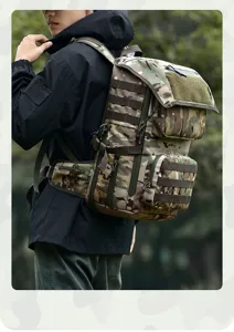 Durable tactical camouflage backpack for outdoor hiking, camping, and traveling adventures.