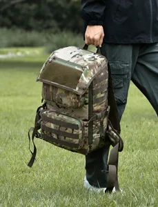 Durable outdoor tactical camouflage backpack, large capacity hiking and camping travel bag.