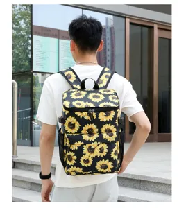 Outdoor insulated backpack with sunflower pattern, large capacity waterproof portable ice bag for picnic.