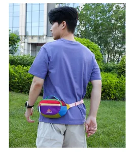 Colorful patchwork waist bag for outdoor travel and sports, casual colorblock fanny pack.