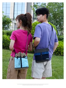 Outdoor detail shot of stylish crossbody bags worn by models, showcasing water-repellent fabric.