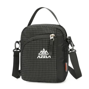 Black grid outdoor sports shoulder bag, lightweight crossbody bag with zipper and adjustable strap.