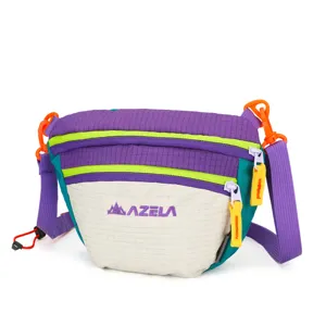 Colorful outdoor crossbody bag with grid pattern, adjustable strap and zipper pockets.