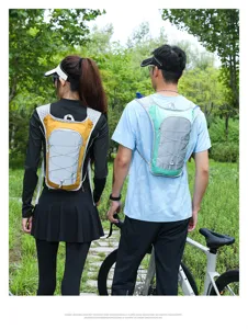 Outdoor cycling backpack detail view, lightweight hydration vest with mesh straps and elastic cord.