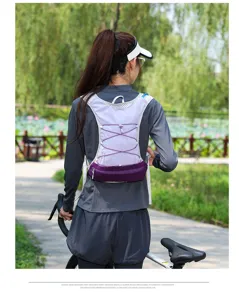 Outdoor sports hydration backpack with breathable mesh and elastic cords for running and cycling.