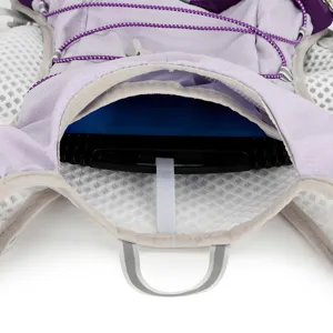 Outdoor sports hydration backpack, breathable purple running vest with elastic cords for marathon.