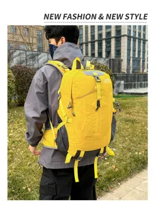 Large capacity outdoor hiking backpack detail shot, durable nylon fabric for travel and sports.