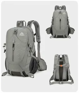 Grey outdoor sports hiking backpack detail view showing straps and multiple compartments.