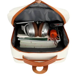White and brown laptop backpack with large capacity and multi-layer storage for daily use.