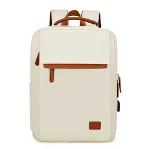 Beige casual laptop backpack with brown leather accents, multi-compartment business bag.