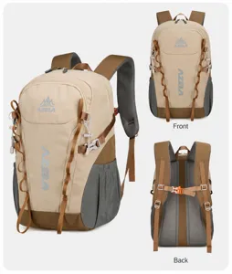 Durable khaki outdoor backpack with breathable mesh design, multiple straps, and large capacity.