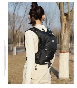 Outdoor sports running backpack detail showing breathable mesh shoulder straps and elastic cord.